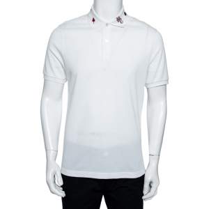 Gucci White Cotton Pique Embroidered Collar Polo T-shirt L