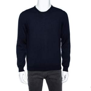 Gucci Navy Blue Wool Leather Tab Detail Crewneck Sweater XXL