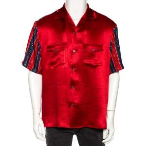 Gucci Red Silk Blend Print Detail Bowling Shirt L