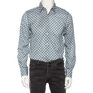 Gucci Blue Dupplin Checked Cotton Front Button Fitted Shirt M 