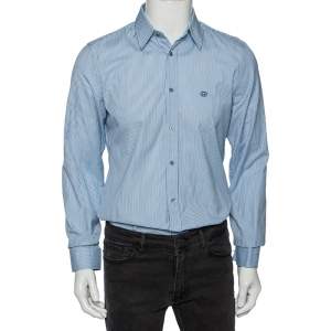Gucci Blue Striped Cotton Logo Embroidered Detail Slim Fit Shirt M