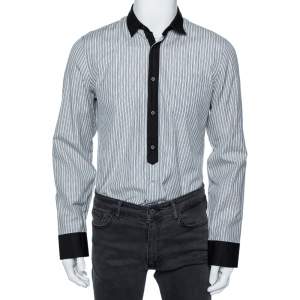 Gucci Grey Striped Cotton Contrast Collar and Cuff Detail Shirt M