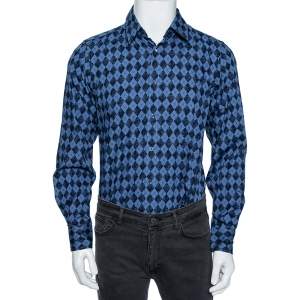 Gucci Blue Cotton Argyle Logo Monogram Button Front Fitted Shirt M 