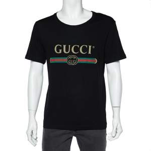 Gucci Black Logo Print Washed Cotton Distressed Effect Oversized T-Shirt S