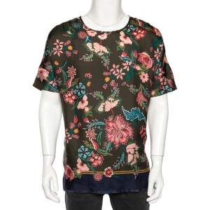 Gucci Olive Green Floral Printed Silk Frayed Hem Detailed T-Shirt L 