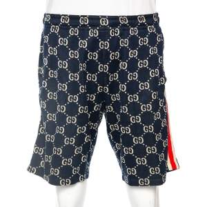 Gucci Navy Blue GG Jacquard Jersey Web Stripe Trim Detail Shorts L