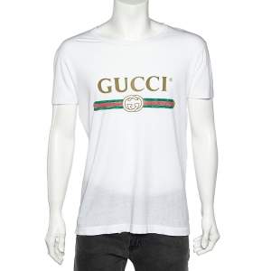 Gucci White Washed Logo Printed Cotton Distressed T-Shirt M