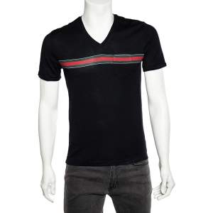 Gucci Black Cotton  Web Stripe Detail V-Neck T-Shirt M