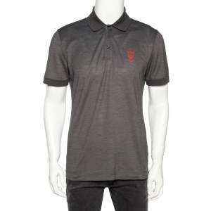 Gucci Grey Cotton Pique Logo Crest Printed Polo T-Shirt L