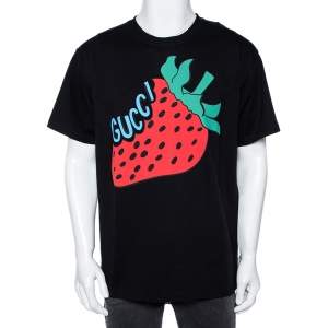 Gucci Black Cotton Strawberry Printed Oversized Crewneck T-Shirt S