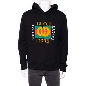 Gucci Black Distressed Logo Printed Cotton Hoodie M
