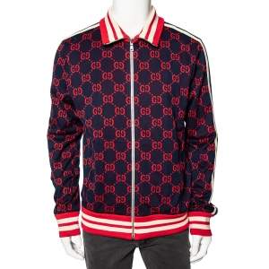 Gucci Navy Blue GG Jacquard Cotton Rib Knit Trimmed Jacket XL