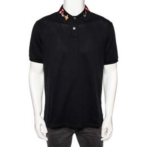 Gucci Black Stretch Cotton Snake Embroidered Collar Polo T-Shirt XXXL