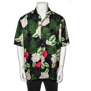 Gucci Black & Green Leaf Print Silk Button Front Short Sleeve Shirt XL