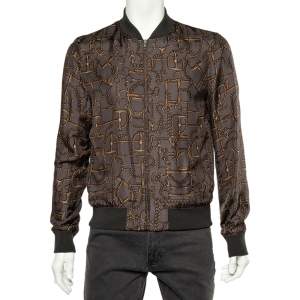 Gucci Grey Horsebit Printed Silk Rib Knit Trimmed Detailed Bomber Jacket XXXS