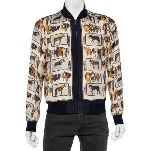 Gucci Ivory Horse Frame Print Silk Bomber Jacket XS