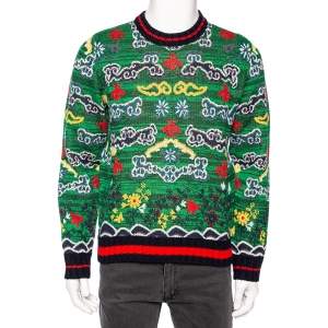 Gucci Green Wool Jacquard Contrast Trim Crewneck Sweater L