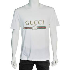 Gucci White Logo Printed Cotton Distressed T-Shirt S