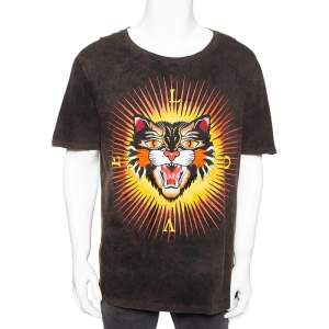 Gucci Brown Angry Cat Applique Cotton Short Sleeve Crewneck T-Shirt L