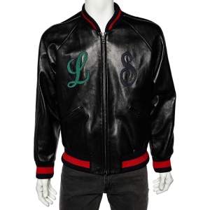 Gucci Black Leather DIY Letter Applique Bomber Jacket M