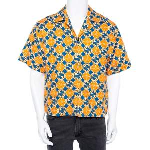 قميص غوتشي كم قصير كانفاس طباعة شعار أزرق وبرتقالي مقاس كبير 2إكس