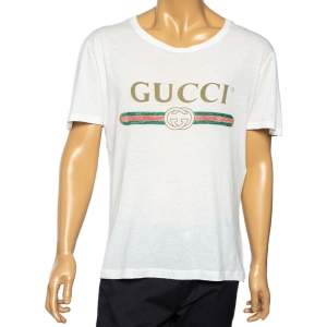 Gucci White Logo Printed Cotton Distressed Short Sleeve T-Shirt S