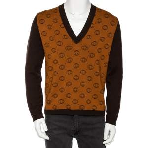 Gucci Dapper Dan Brown GG Jacquard Wool V-Neck Sweater L  