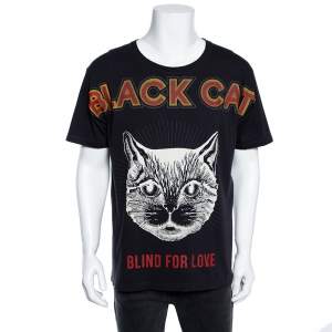 Gucci Grey Black Cat Blind For Love Print Cotton Short Sleeve T-Shirt M