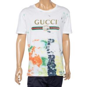 Gucci Multicolored Tie-Dye Logo Printed Cotton Short Sleeve T-Shirt L
