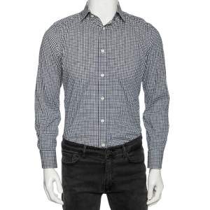 Gucci Blue Logo Checked Cotton Slim Fit Shirt S