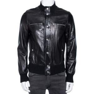 Gucci Black Leather & Rib Knit Trimmed Button Front Jacket S