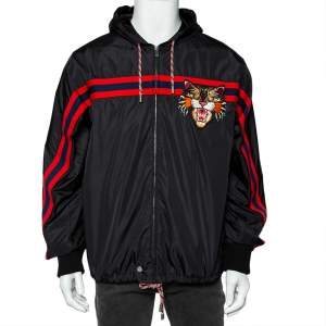 Gucci Black Synthetic Feline Detailed Web Stripe Trimmed Jacket XL