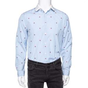 Gucci Blue Striped Bee Embroidered Cotton Cambridge Button Front Shirt M