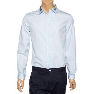 Gucci Light Blue Cotton Tiger Applique Collar Detail Shirt M