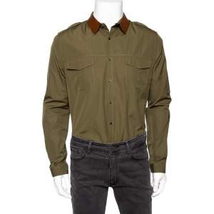 Gucci Green Cotton & Leather Trim Collared Duke Fit Military Shirt XL