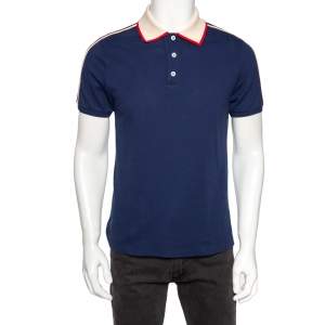 Gucci Blue Cotton Pique Web Stripe Logo Trimmed Polo T-Shirt L