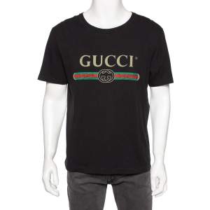 Gucci Black Logo Print Washed Cotton Distressed Effect T-Shirt M