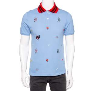 Gucci Blue Cotton Pique Embroidered Motif Polo T-Shirt L