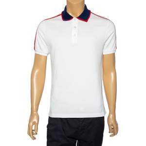Gucci White Cotton Pique Contrast Collar Logo Strip Detail Polo T-Shirt L