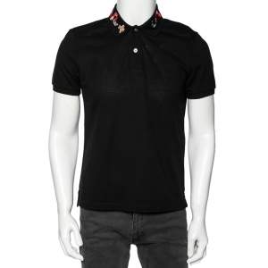 Gucci Black Stretch Cotton Snake Embroidered Polo T-Shirt M