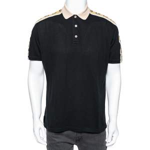 Gucci Black Cotton Pique Interlocking G Stripe Trimmed Polo T-Shirt XL