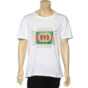 Gucci White Cotton Logo Printed Crewneck T-Shirt M