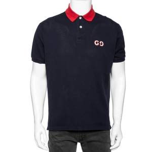 Gucci Navy Blue Cotton Pique GG Embroidered Polo T-Shirt XL