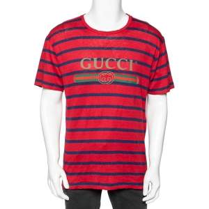 Gucci Red & Blue Striped Linen Knit Logo Printed Oversized T-Shirt XS