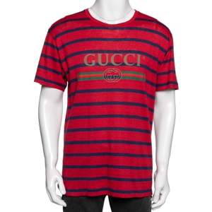 Gucci Red & Blue Striped Linen Knit Logo Printed Oversized T Shirt XS