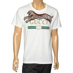 Gucci White Cotton Logo Printed and Tiger Embroidered T-Shirt S
