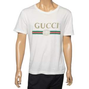 Gucci Cream Cotton Logog Printed Crew Neck T-Shirt S