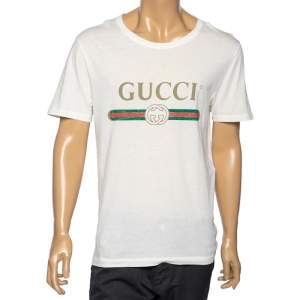 Gucci Cream Cotton Logo Printed Crew Neck T-Shirt S