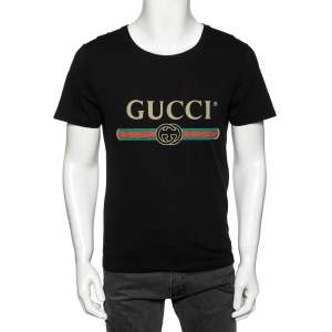 Gucci Black Cotton Logo Printed Crew Neck T-Shirt XS