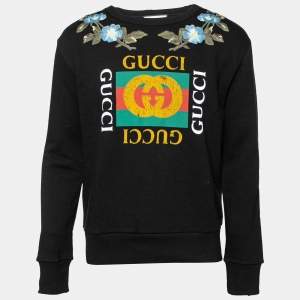 Gucci Black Terry Knit Floral Patch Distressed Sweatshirt S
